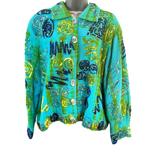 Pushpa Vintage Women’s XL Jacket Greens Turquoise Navy Sequins Wearable Art - Picture 1 of 13